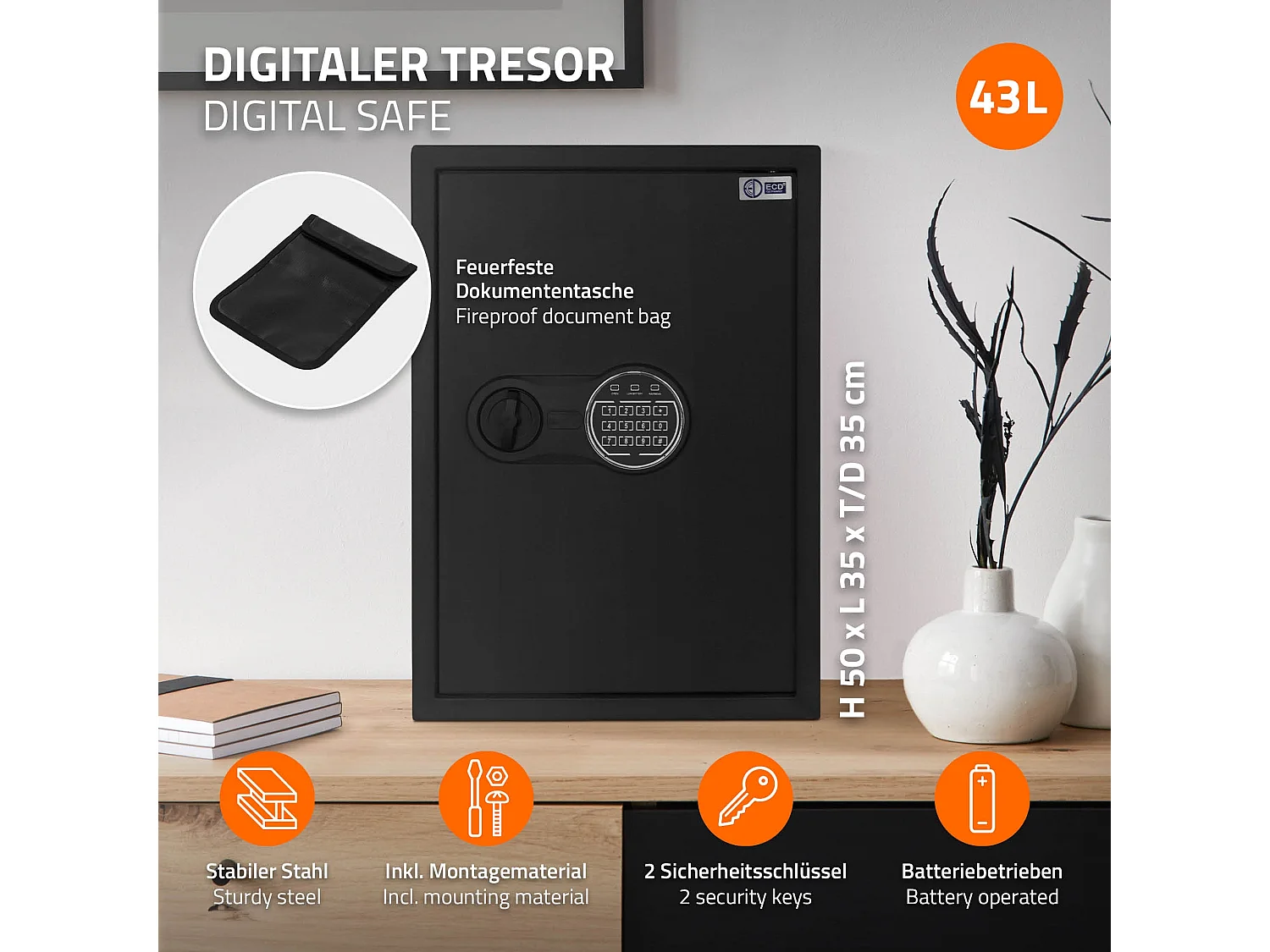 Coffre fort de sécurité 35x50x31cm 43L avec lumière de capteur clavier numérique à code pin caisse pour argent et bijoux avec porte-documents ignifuge