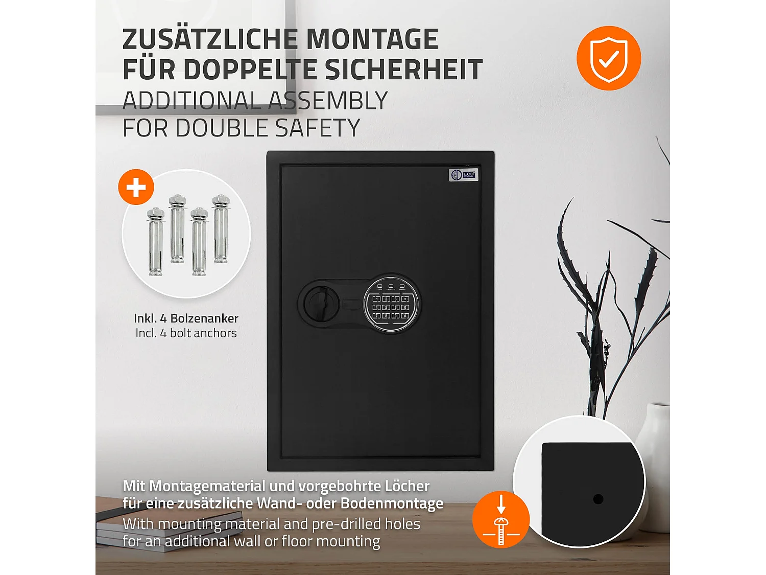 Coffre fort de sécurité 35x50x31cm 43L avec lumière de capteur clavier numérique à code pin caisse pour argent et bijoux avec porte-documents ignifuge