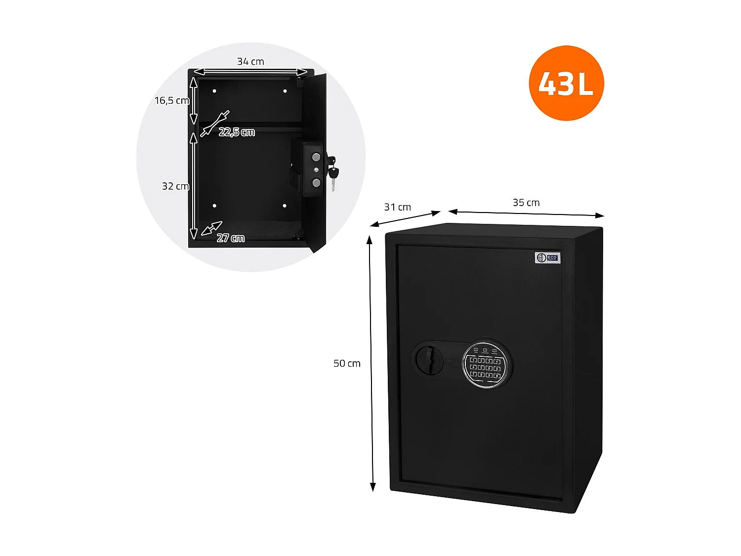Coffre fort de sécurité 35x50x31cm 43L avec lumière de capteur clavier numérique à code pin caisse pour argent et bijoux avec porte-documents ignifuge