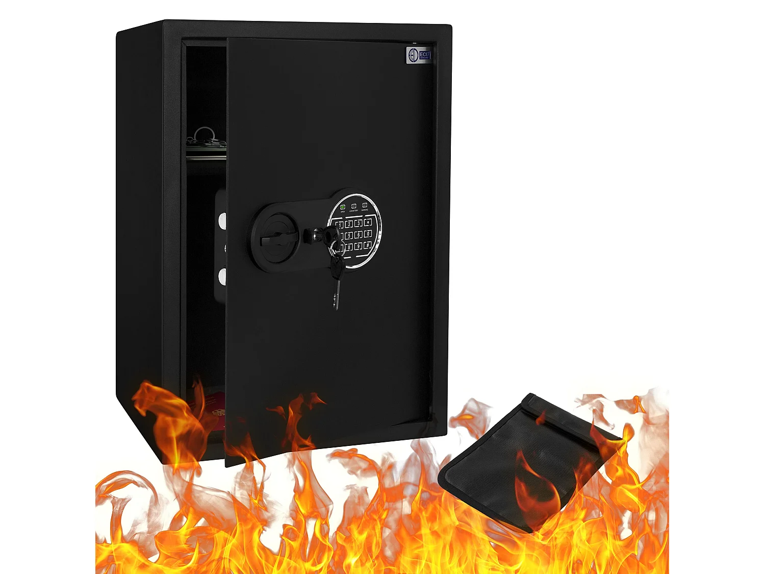 ECD Germany Caja fuerte de seguridad eléctronica 43L 35x50x31cm con bolsa ígnifuga, teclado númerico digital y sensor metal negro para deposito