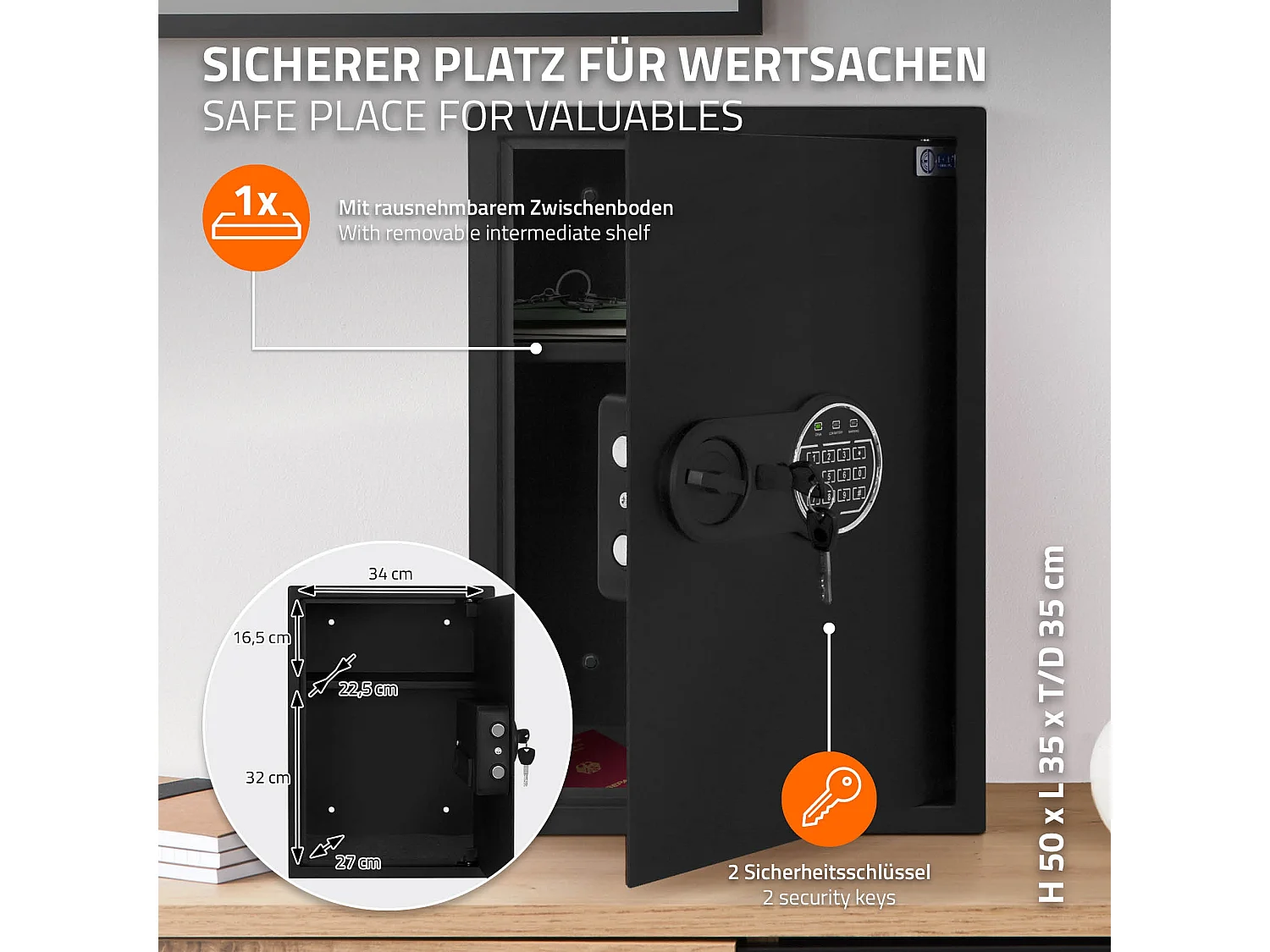 ECD Germany Caja fuerte de seguridad eléctronica 43L 35x50x31cm con bolsa ígnifuga, teclado númerico digital y sensor metal negro para deposito