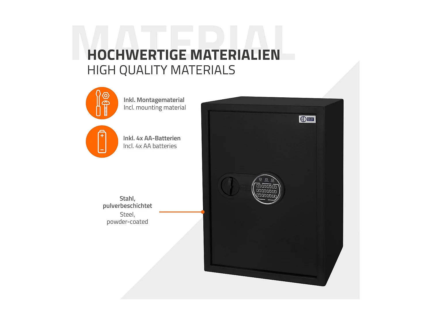 ECD Germany Caja fuerte de seguridad eléctronica 43L 35x50x31cm con bolsa ígnifuga, teclado númerico digital y sensor metal negro para deposito