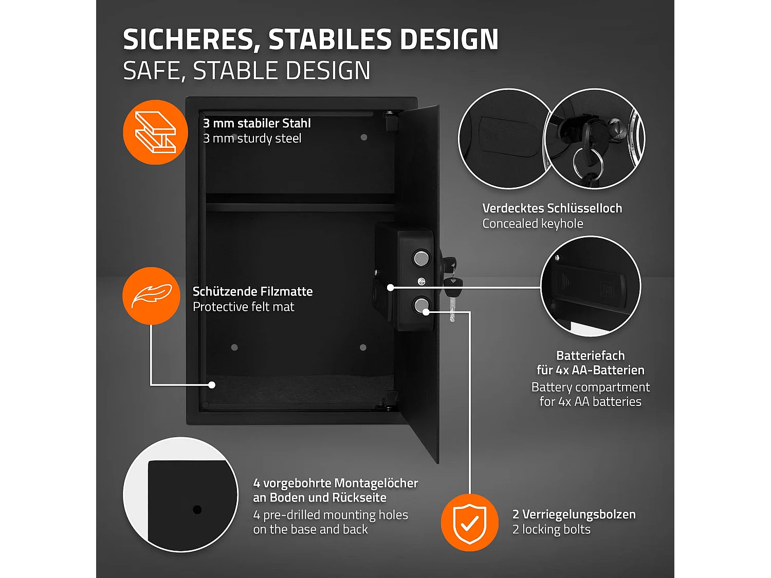 ECD Germany Caja fuerte de seguridad eléctronica 43L 35x50x31cm con bolsa ígnifuga, teclado númerico digital y sensor metal negro para deposito