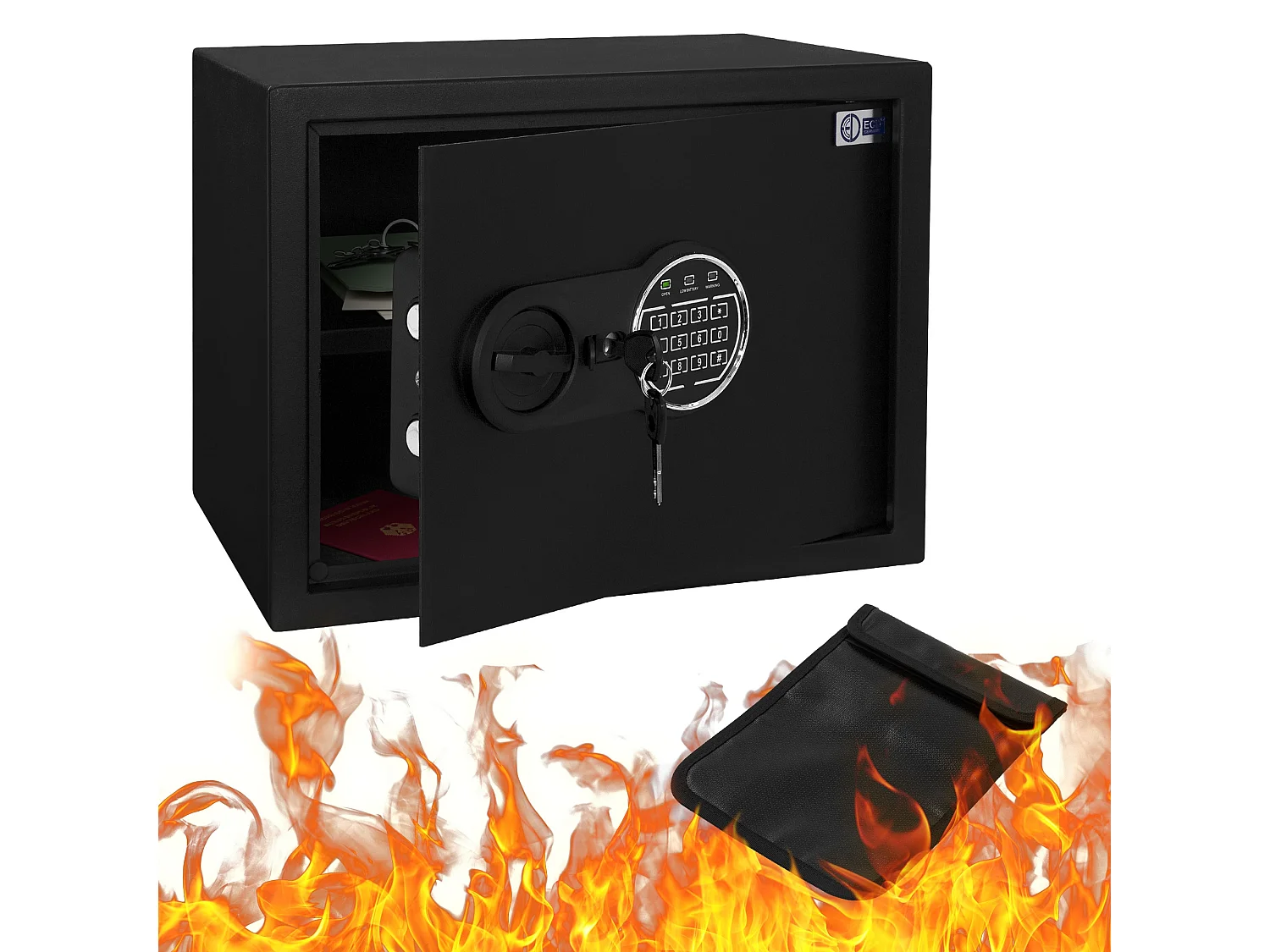 Coffre fort de sécurité 38x30x29,5cm 27L avec lumière de capteur clavier numérique à code pin caisse pour argent/bijoux avec porte-documents ignifuge