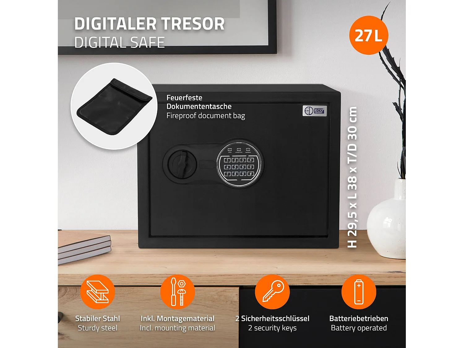 Coffre fort de sécurité 38x30x29,5cm 27L avec lumière de capteur clavier numérique à code pin caisse pour argent/bijoux avec porte-documents ignifuge