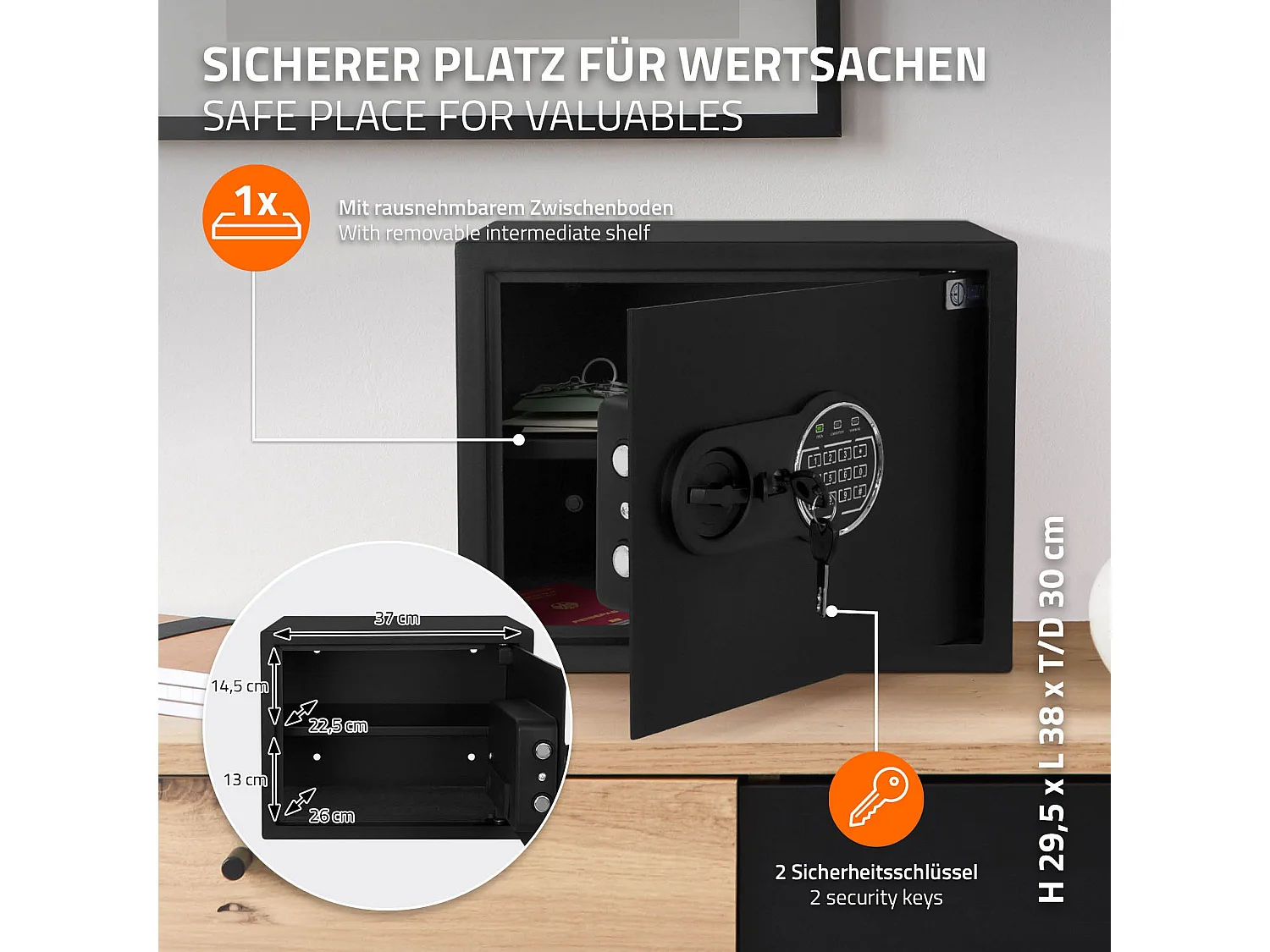 ECD Germany Caja fuerte de seguridad eléctronica 27L 38x30x29,5cm con bolsa ígnifuga, teclado númerico digital y sensor metal negro para deposito