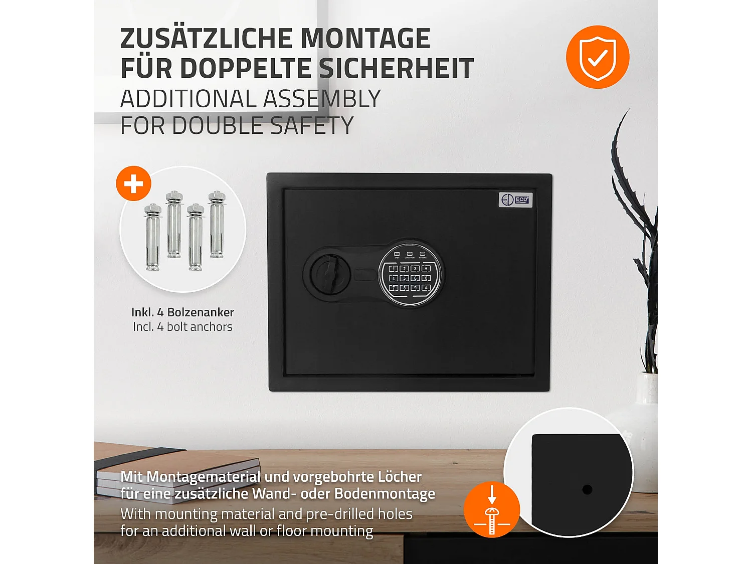 ECD Germany Caja fuerte de seguridad eléctronica 27L 38x30x29,5cm con bolsa ígnifuga, teclado númerico digital y sensor metal negro para deposito