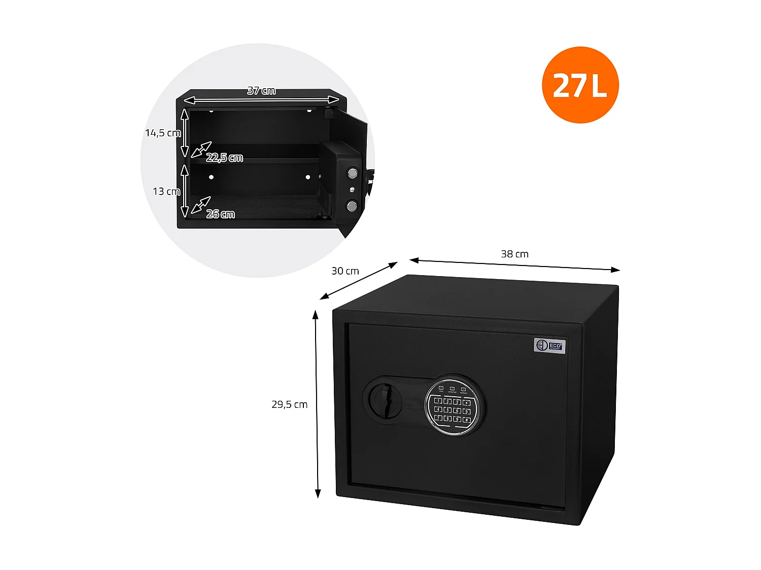 ECD Germany Caja fuerte de seguridad eléctronica 27L 38x30x29,5cm con bolsa ígnifuga, teclado númerico digital y sensor metal negro para deposito