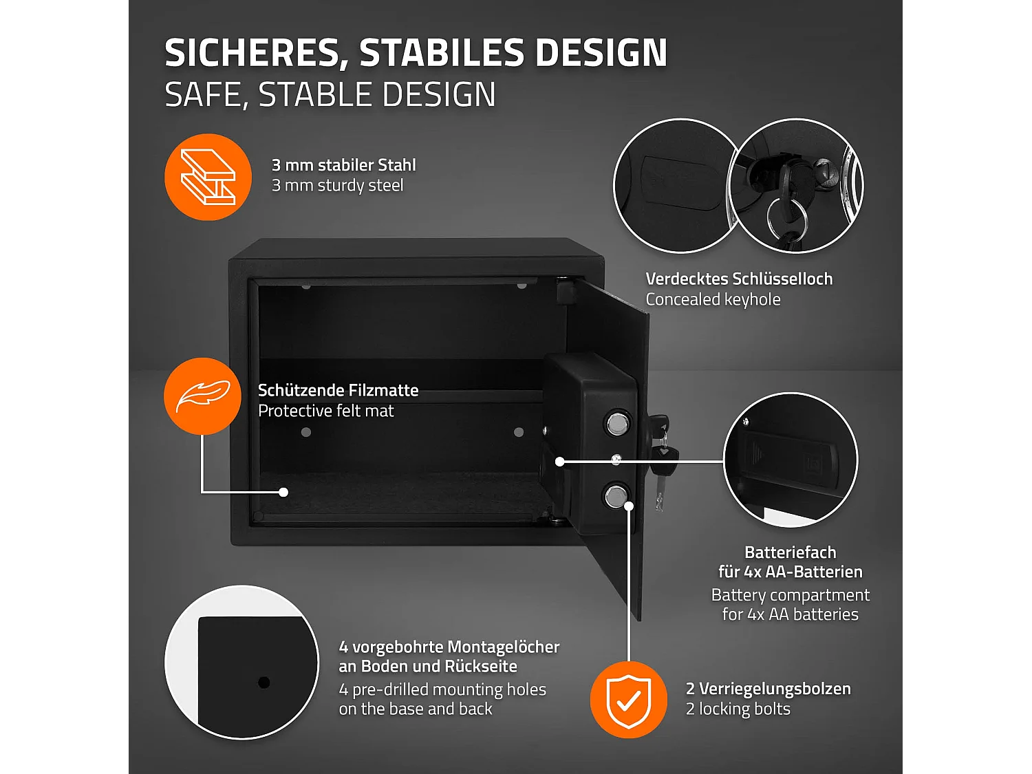 ECD Germany Caja fuerte de seguridad eléctronica 27L 38x30x29,5cm con bolsa ígnifuga, teclado númerico digital y sensor metal negro para deposito