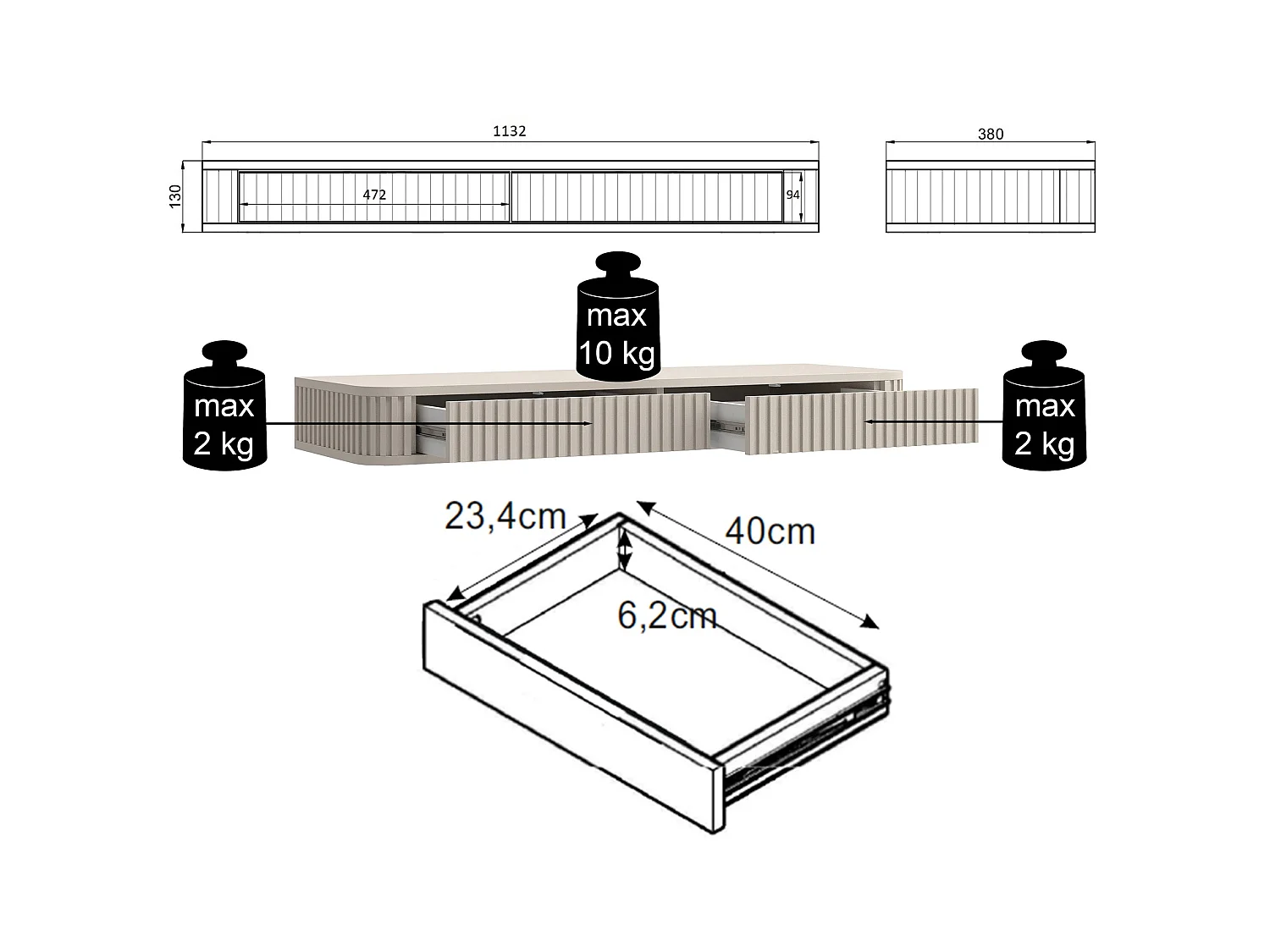 Kaptafel met 2 laden - hangend - 113 cm - zwart - OVARLO