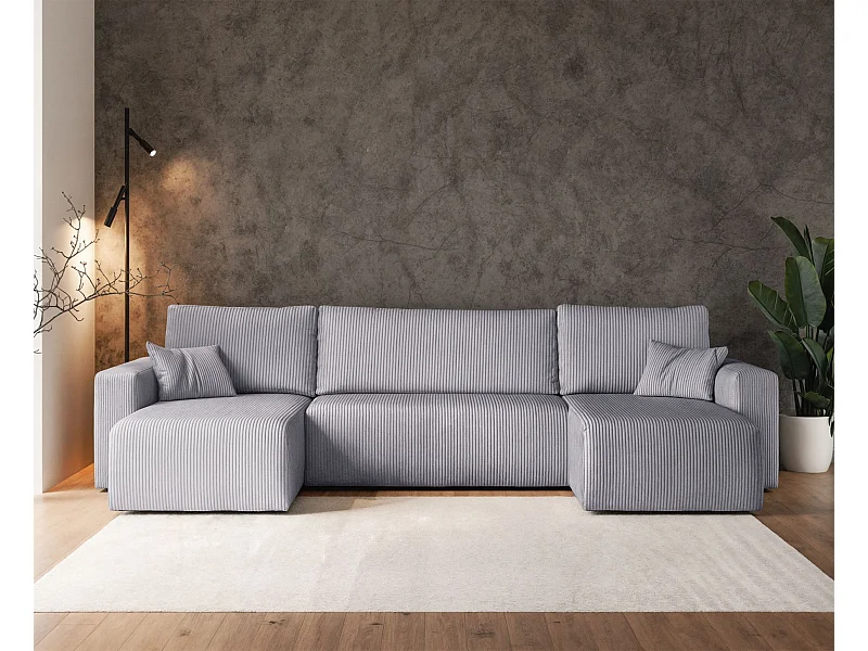 Canapé d'angle U convertible - en velours côtelé gris clair - PIANONI