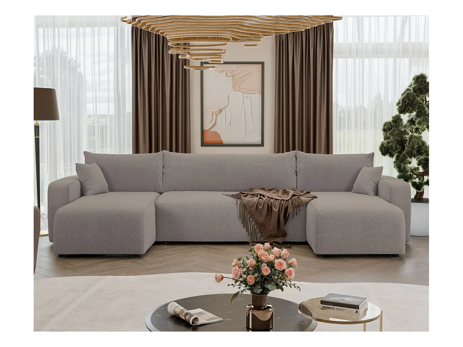 Canapé d'angle U convertible - en boucle marron clair - PIANONI
