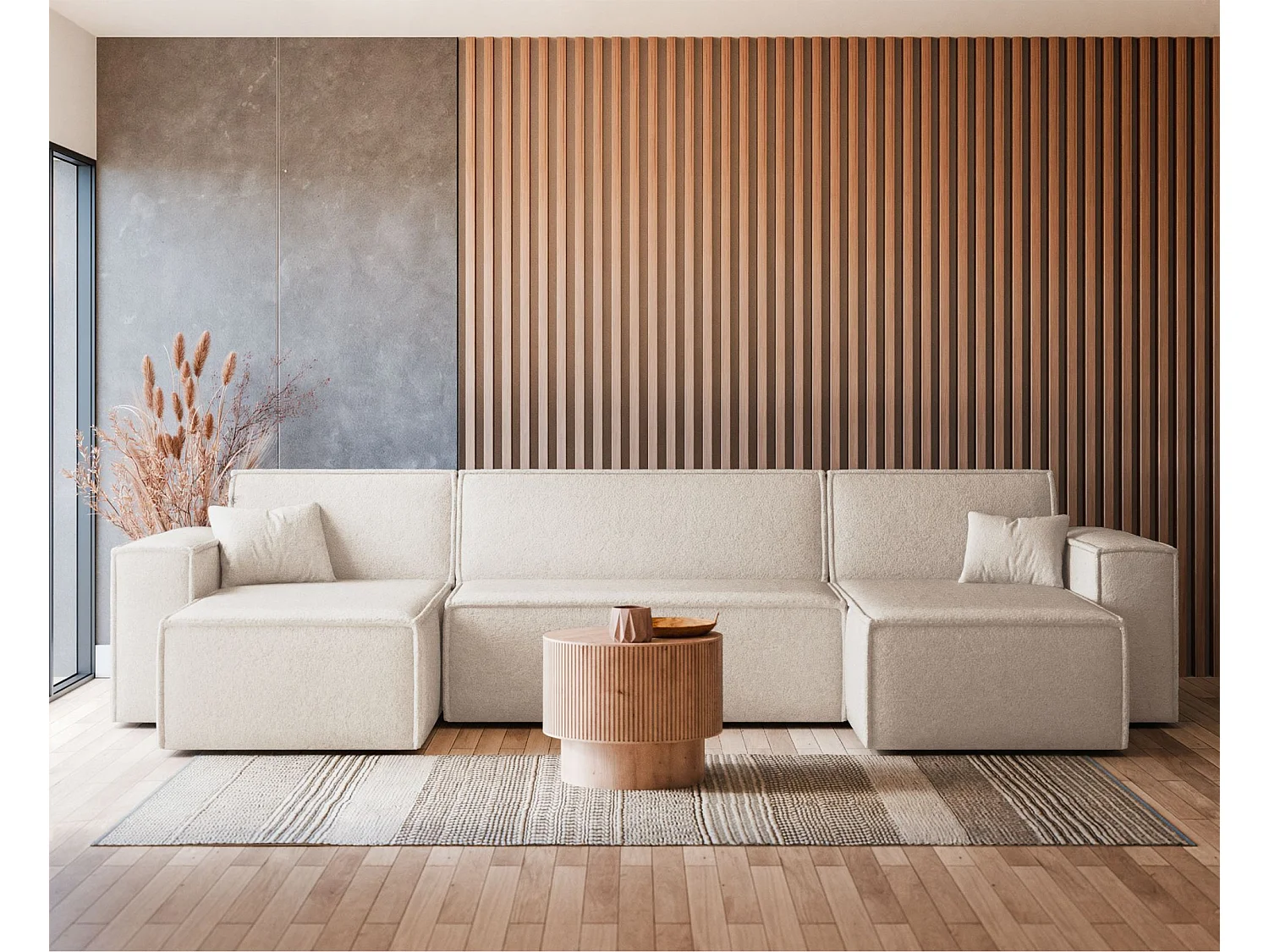 Wohnlandschaft mit Schlaffunktion - Stauraum - Bouclé-Bezug - creme - Scarlo