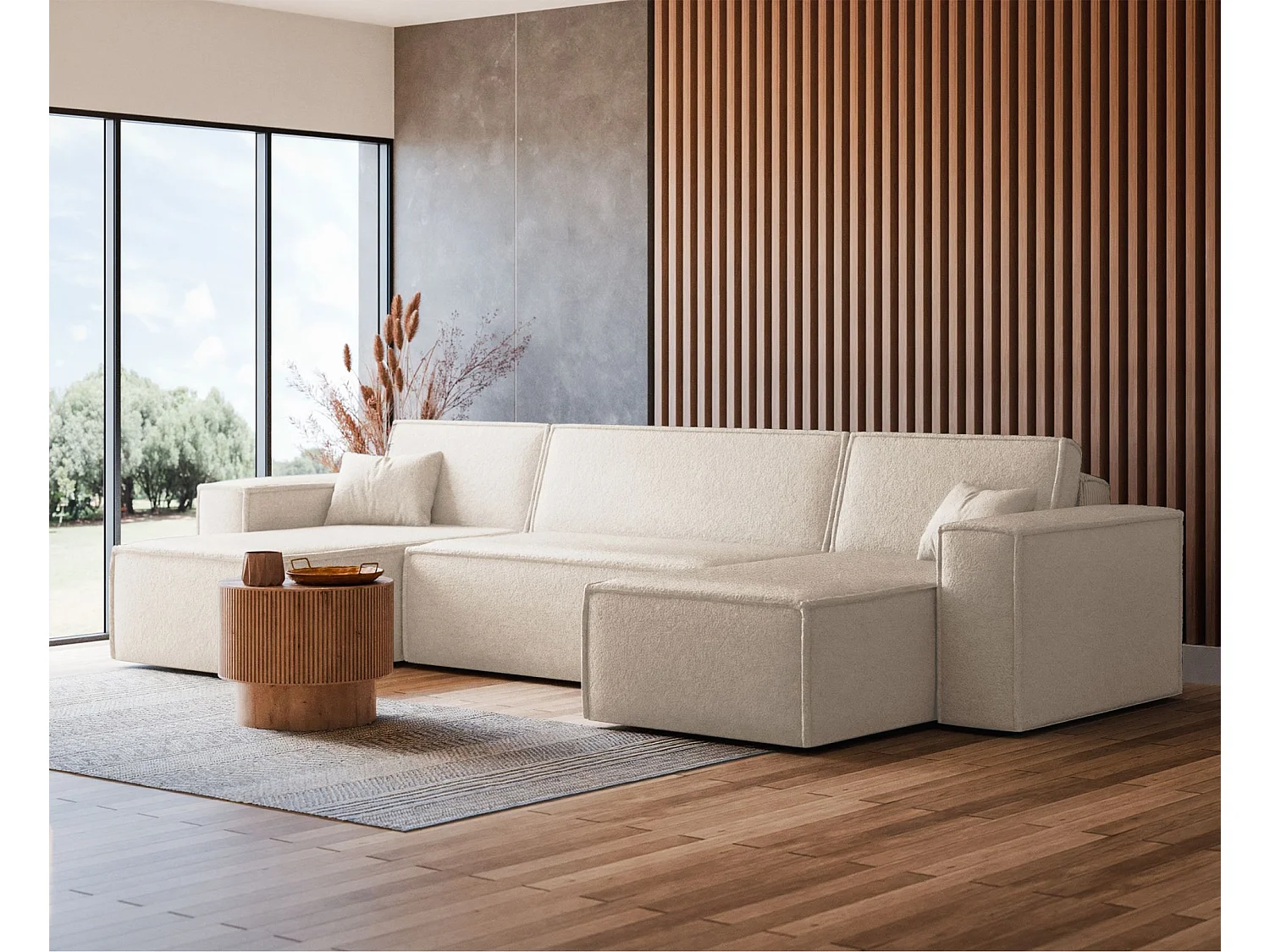 Wohnlandschaft mit Schlaffunktion - Stauraum - Bouclé-Bezug - creme - Scarlo