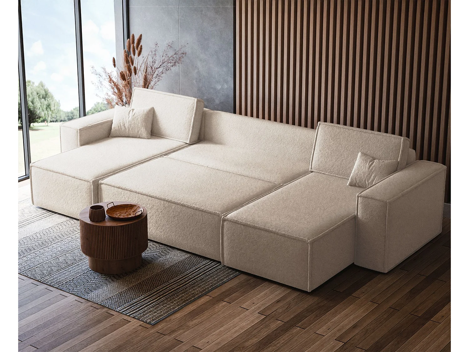 Wohnlandschaft mit Schlaffunktion - Stauraum - Bouclé-Bezug - creme - Scarlo