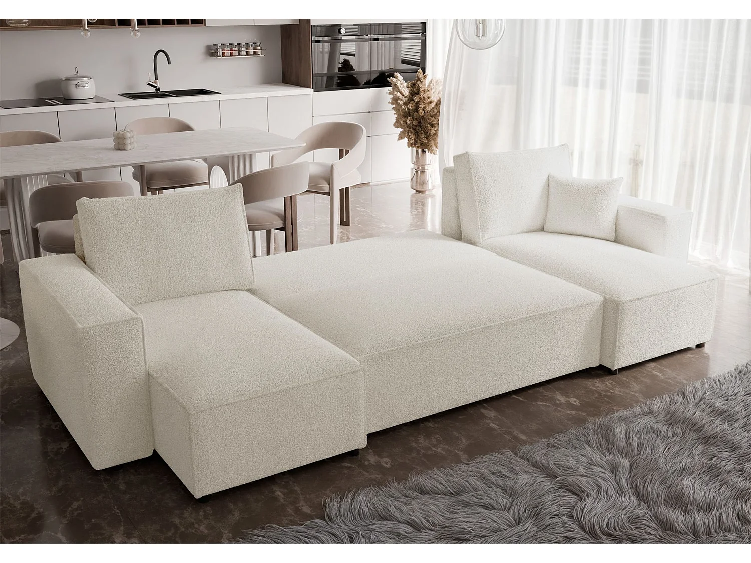 Canapé d'angle U convertible - en boucle créme - SCARLO