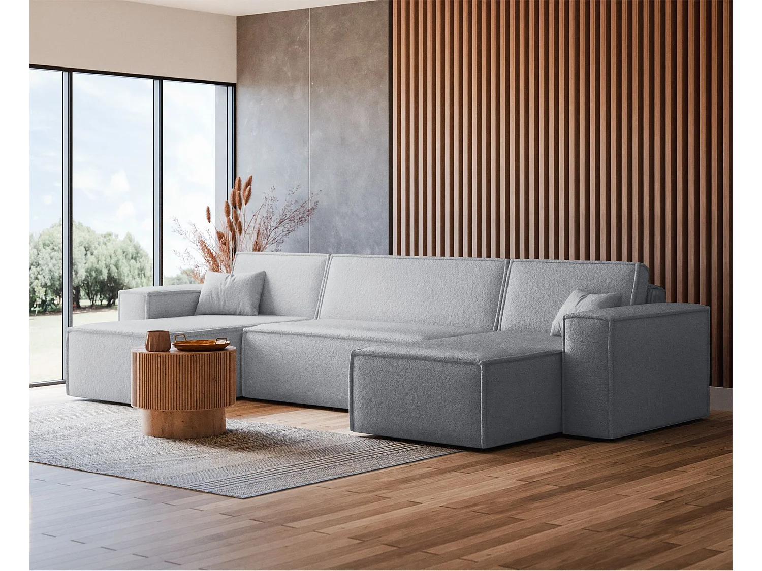 Canapé d'angle U convertible - en boucle gris clair - SCARLO