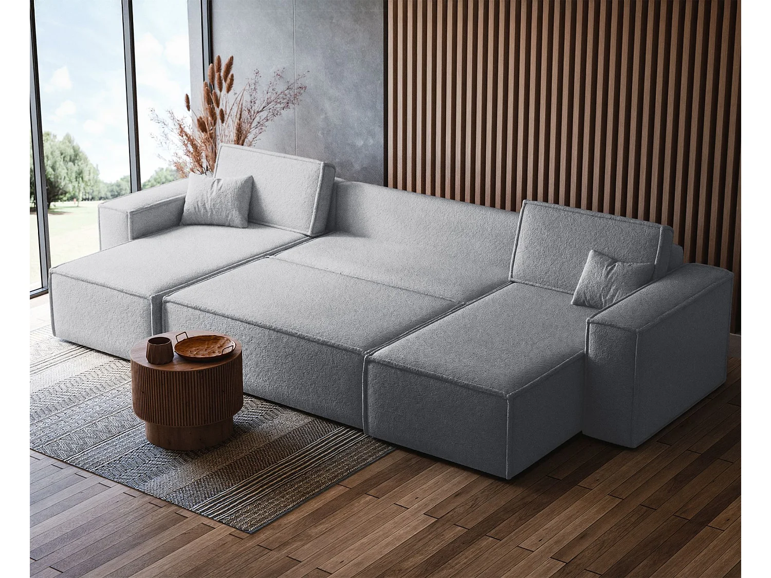 Canapé d'angle U convertible - en boucle gris clair - SCARLO