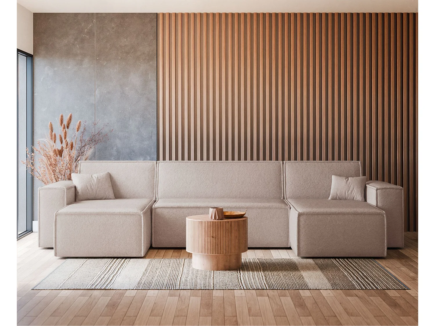 Wohnlandschaft mit Schlaffunktion - Stauraum - Bouclé-Bezug - hellbeige - Scarlo