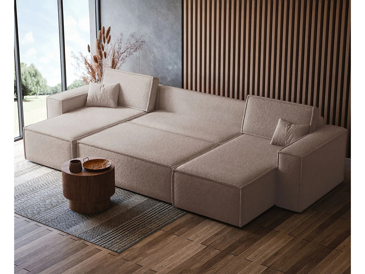 Wohnlandschaft mit Schlaffunktion - Stauraum - Bouclé-Bezug - hellbeige - Scarlo