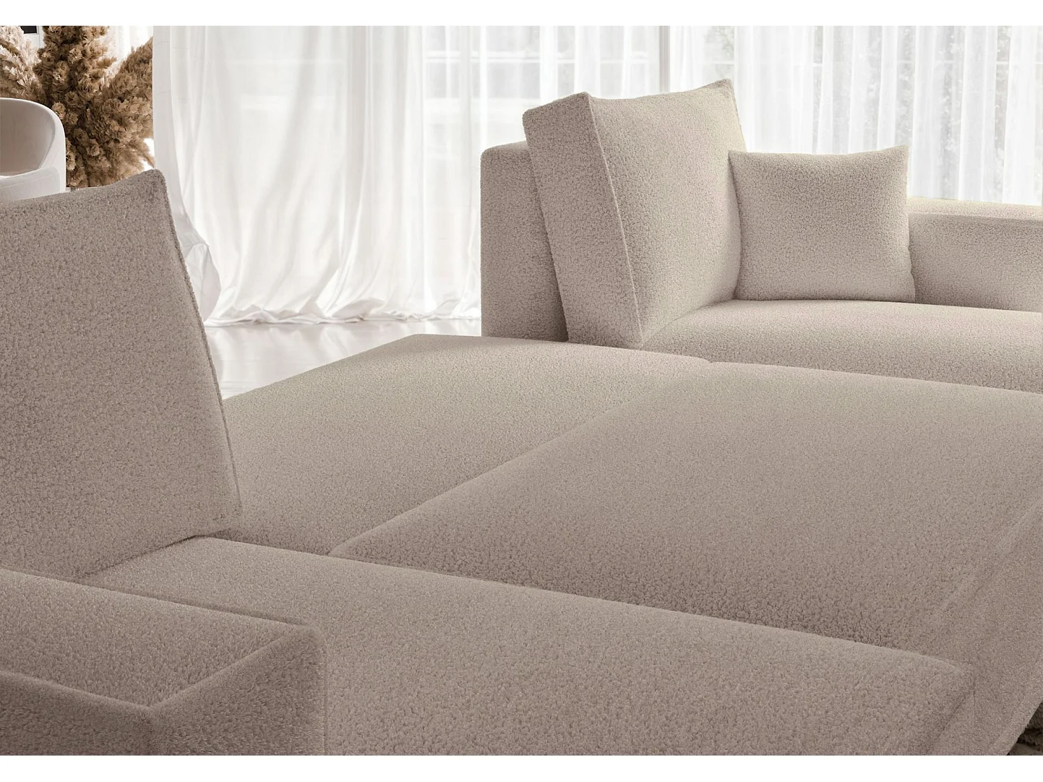 Wohnlandschaft mit Schlaffunktion - Stauraum - Bouclé-Bezug - hellbeige - Scarlo