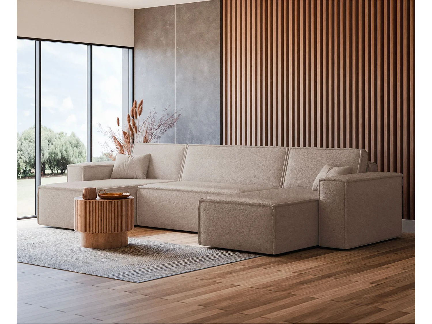 Canapé d'angle U convertible - en boucle beige clair - SCARLO