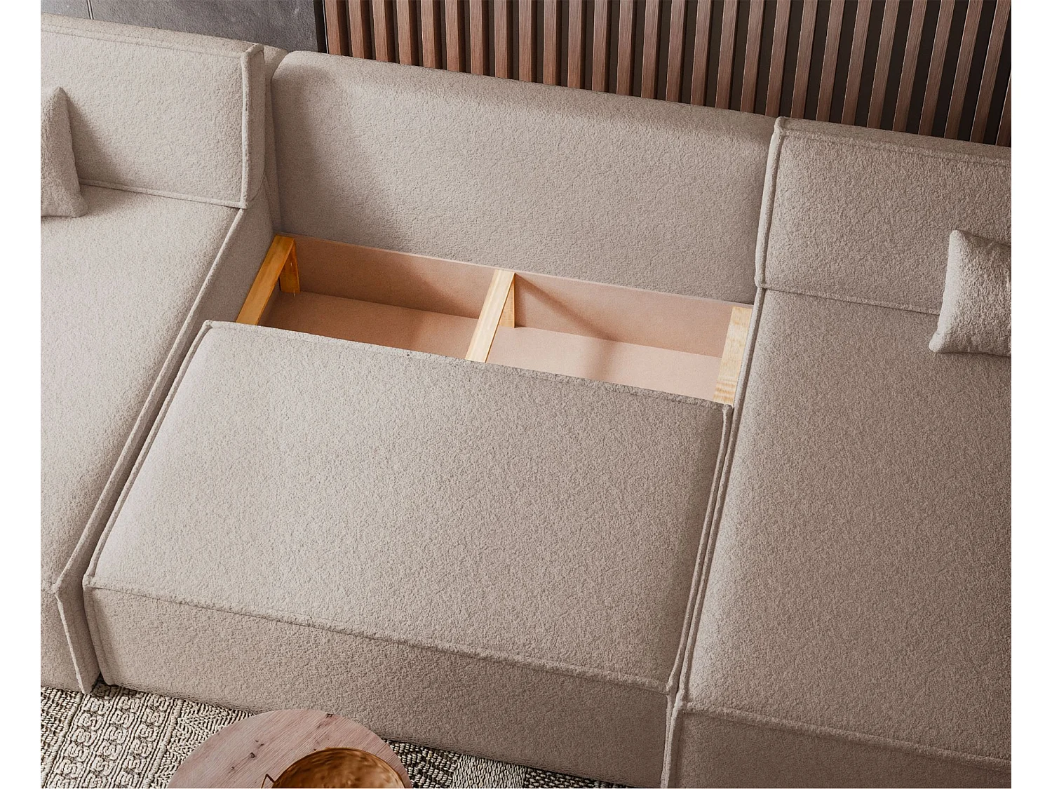 Canapé d'angle U convertible - en boucle beige clair - SCARLO