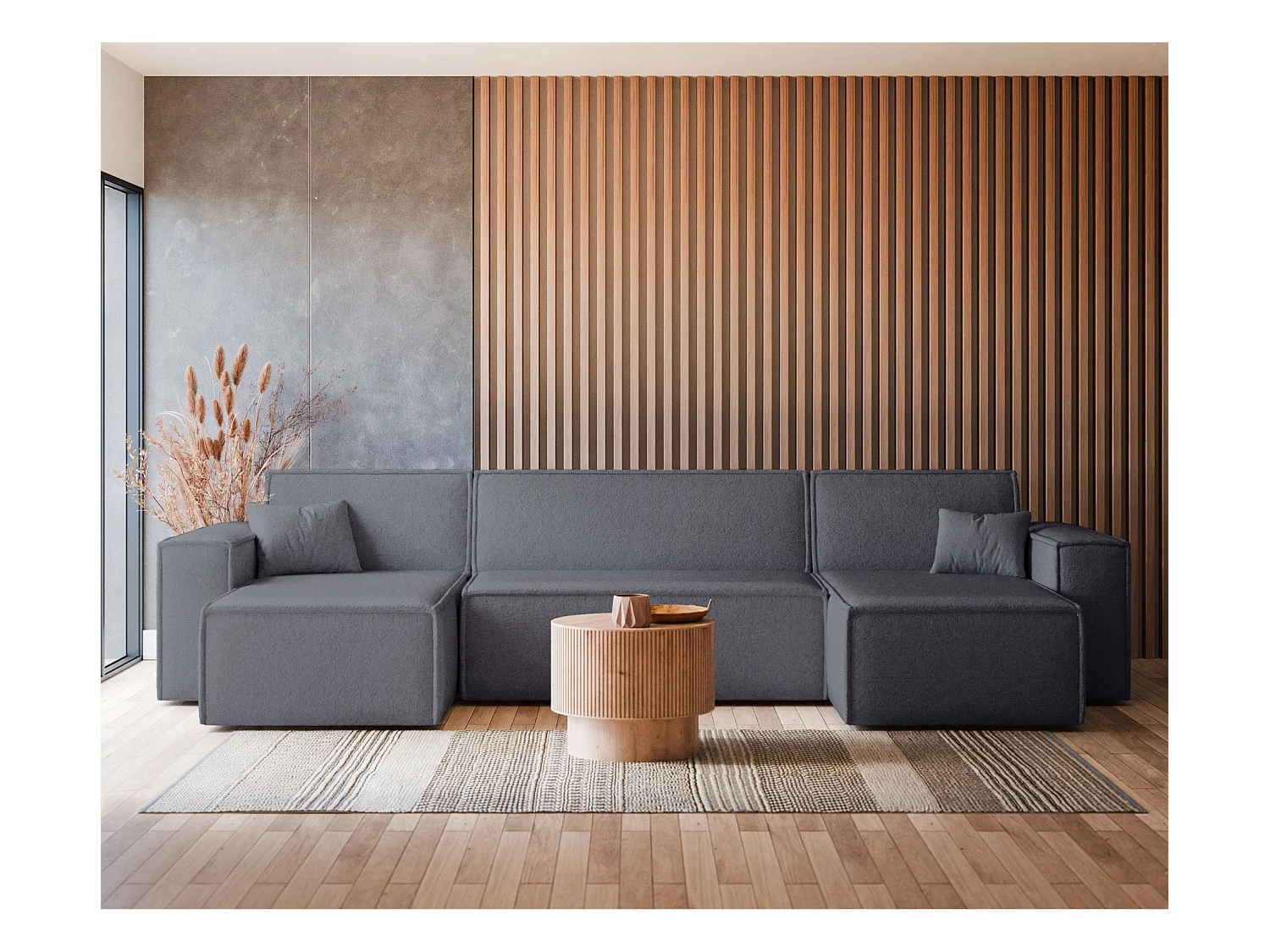 Canapé d'angle U convertible - en boucle gris foncé - SCARLO