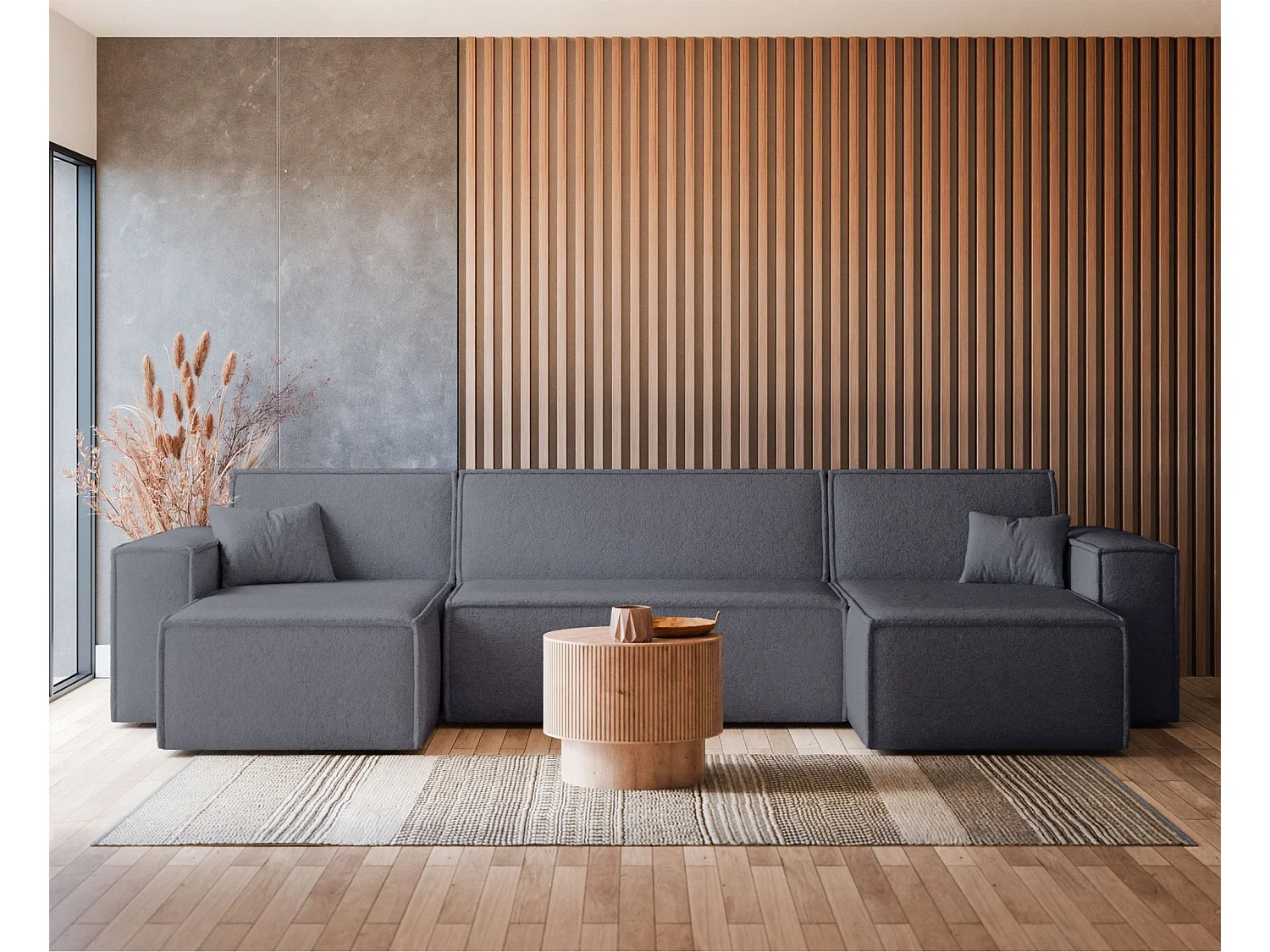 Canapé d'angle U convertible - en boucle gris foncé - SCARLO