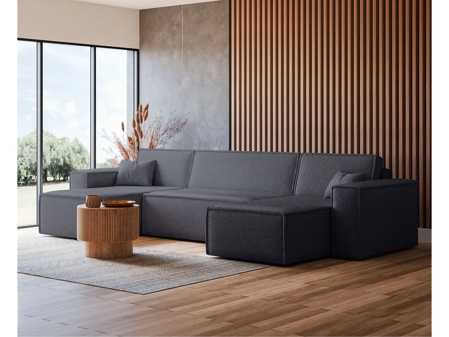 Canapé d'angle U convertible - en boucle gris foncé - SCARLO