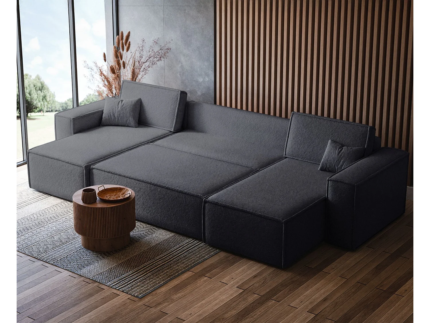 Canapé d'angle U convertible - en boucle gris foncé - SCARLO