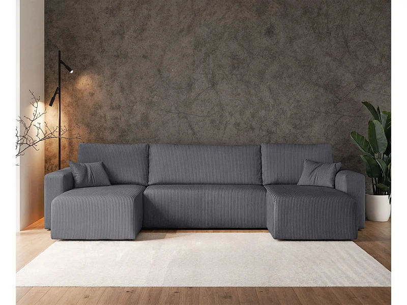 Wohnlandschaft mit Schlaffunktion - Stauraum - Cordbezug - grau - Pianoni