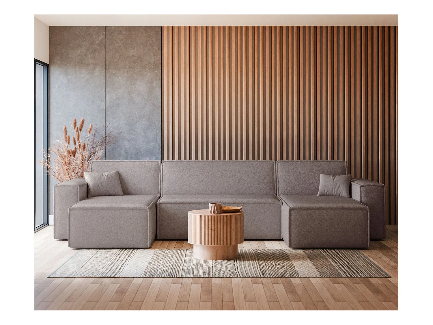 Wohnlandschaft mit Schlaffunktion - Stauraum - Bouclé-Bezug - hellbraun - Scarlo