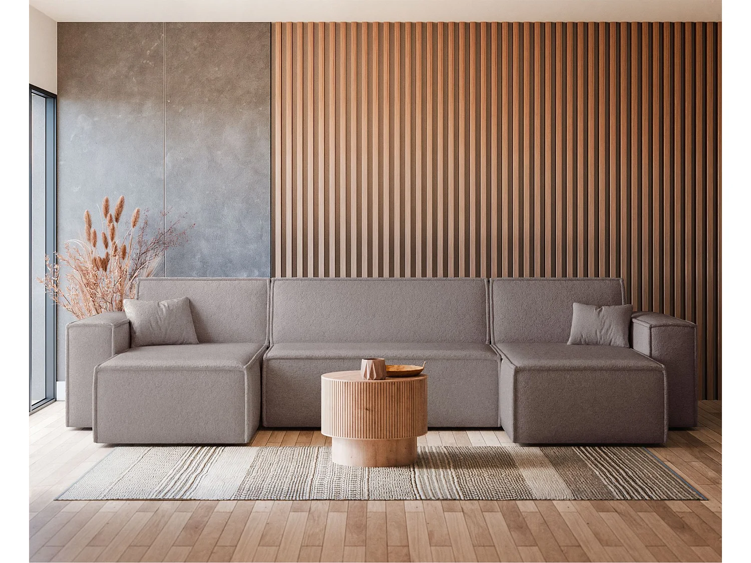 Canapé d'angle U convertible - en boucle marron clair - SCARLO