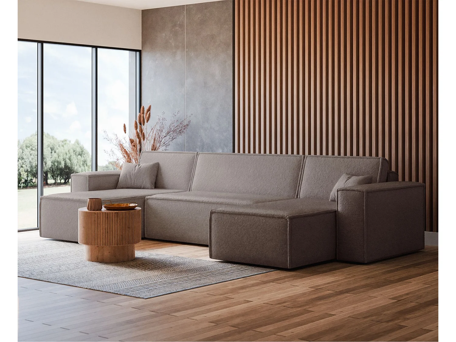 Canapé d'angle U convertible - en boucle marron clair - SCARLO