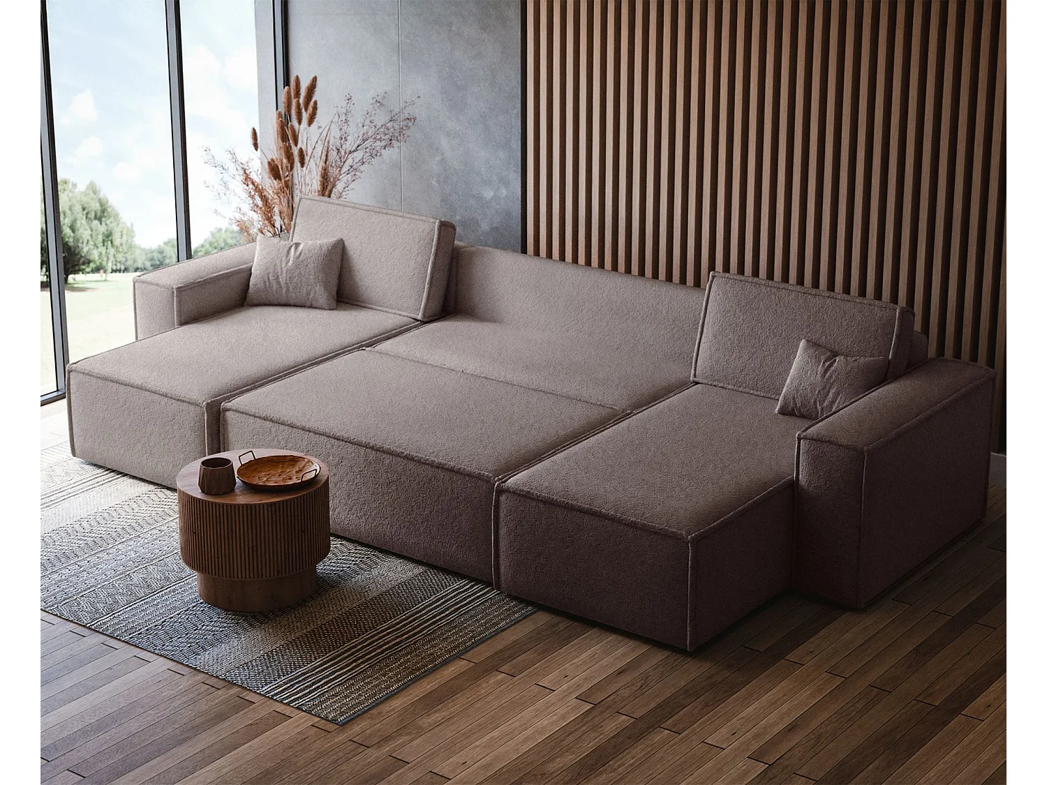 Canapé d'angle U convertible - en boucle marron clair - SCARLO