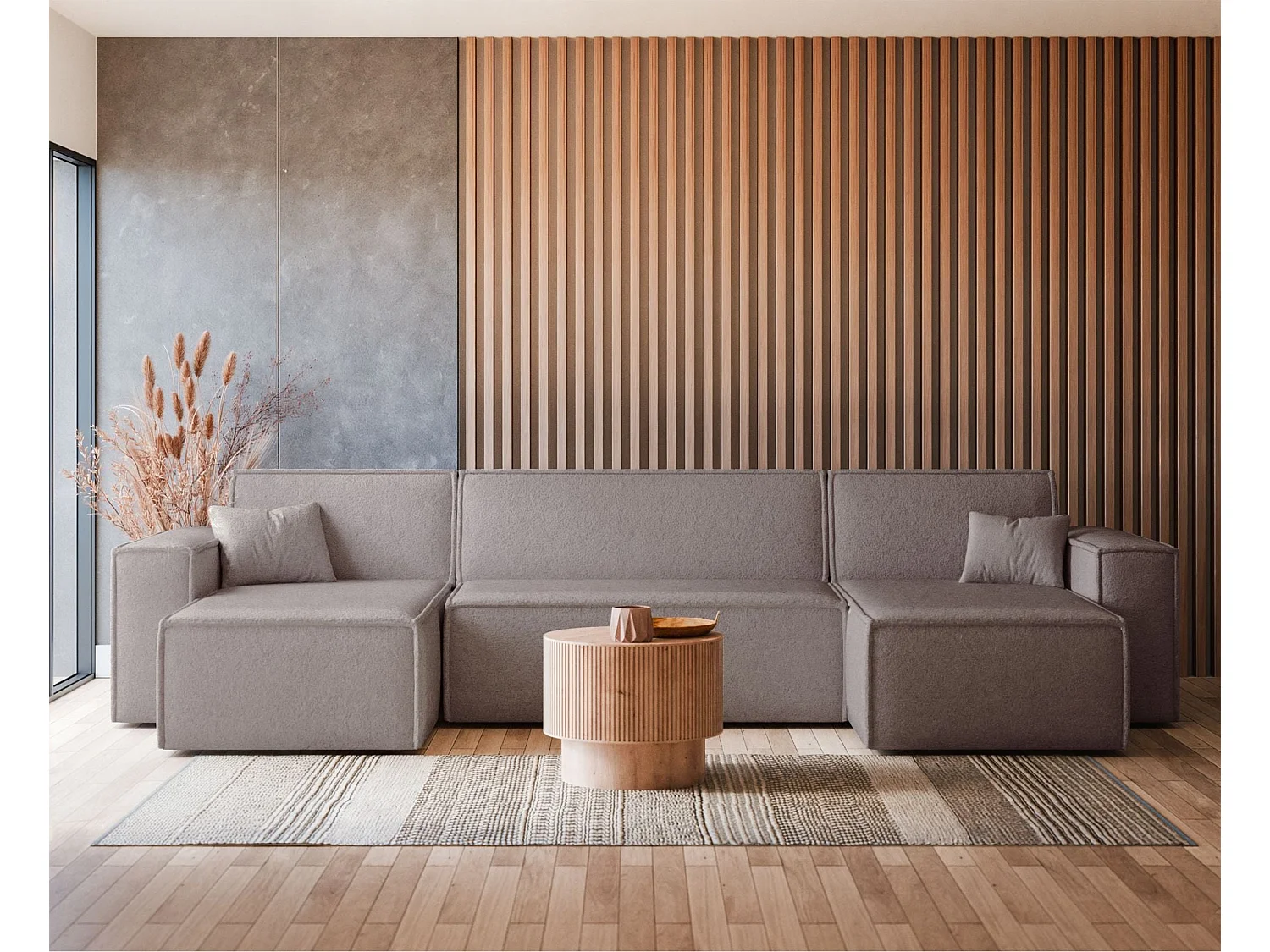 Canapé d'angle U convertible - en boucle marron clair - SCARLO