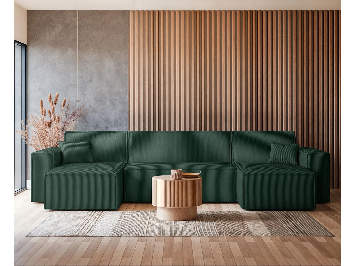 Canapé d'angle U convertible - en velours côtelé vert foncé - SCARLO