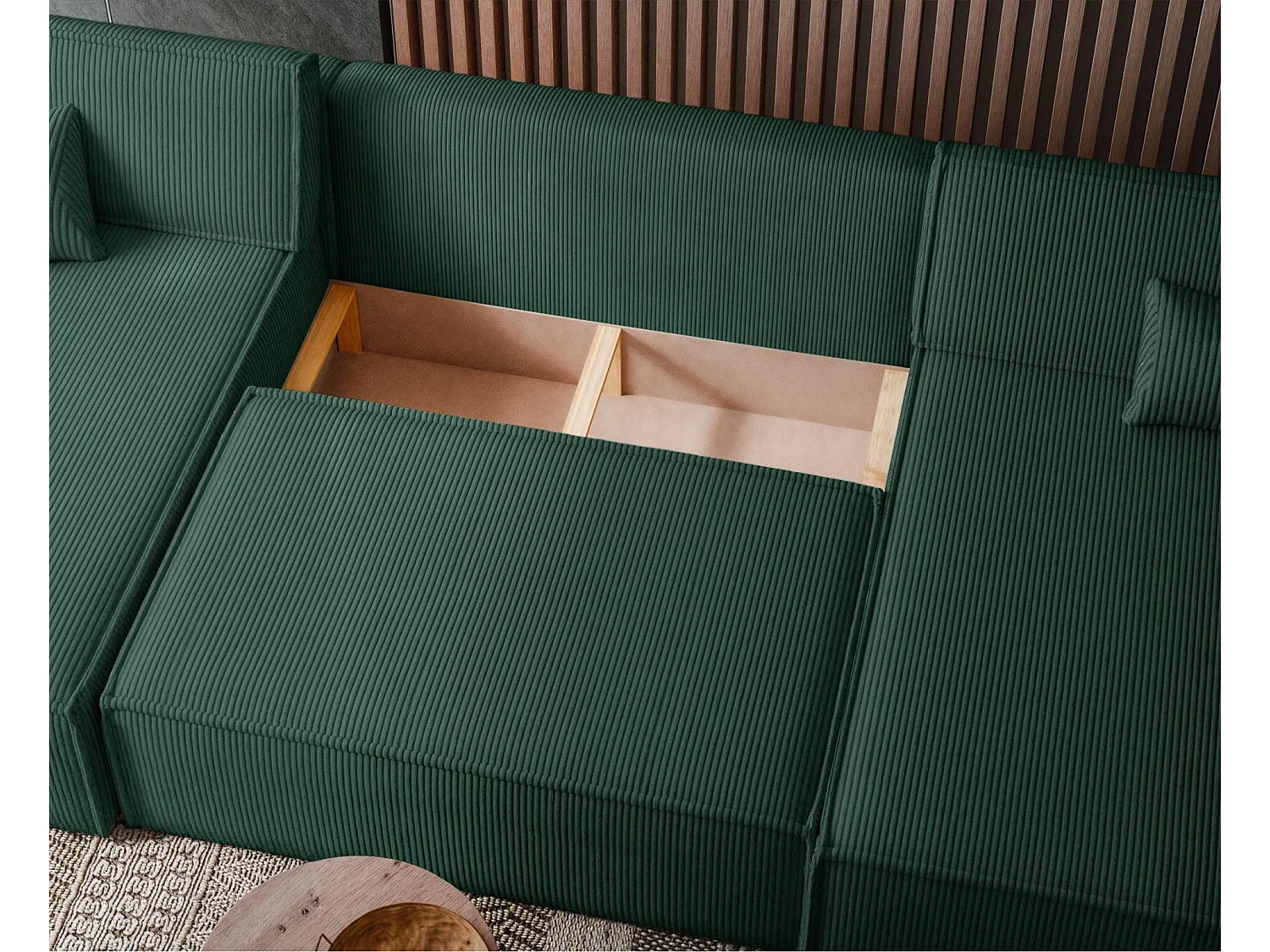 Canapé d'angle U convertible - en velours côtelé vert foncé - SCARLO