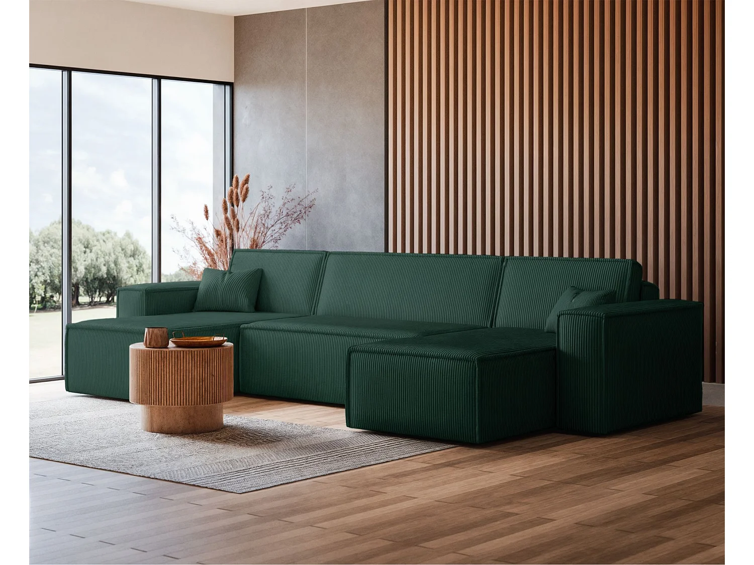 Canapé d'angle U convertible - en velours côtelé vert foncé - SCARLO
