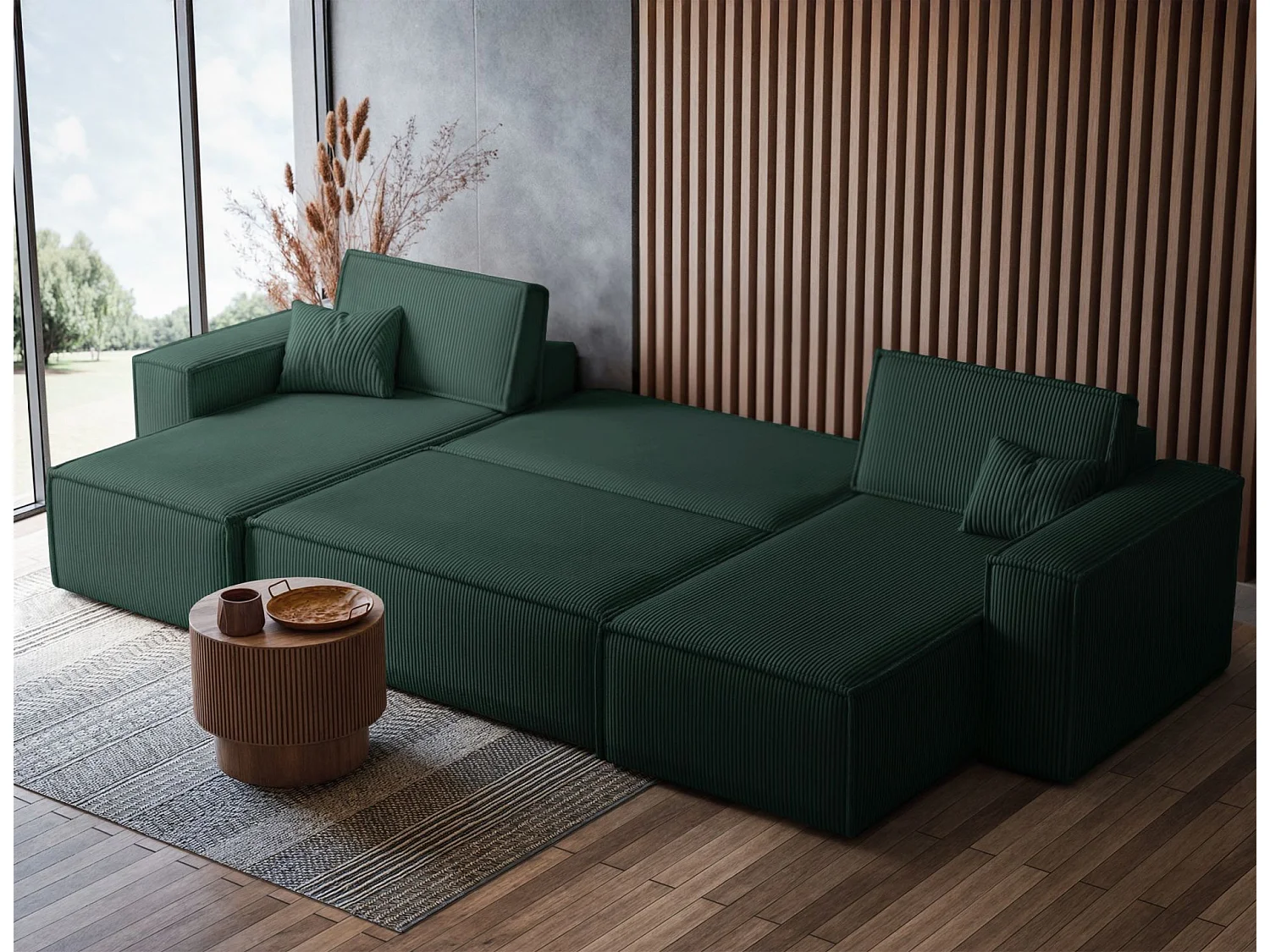 Canapé d'angle U convertible - en velours côtelé vert foncé - SCARLO