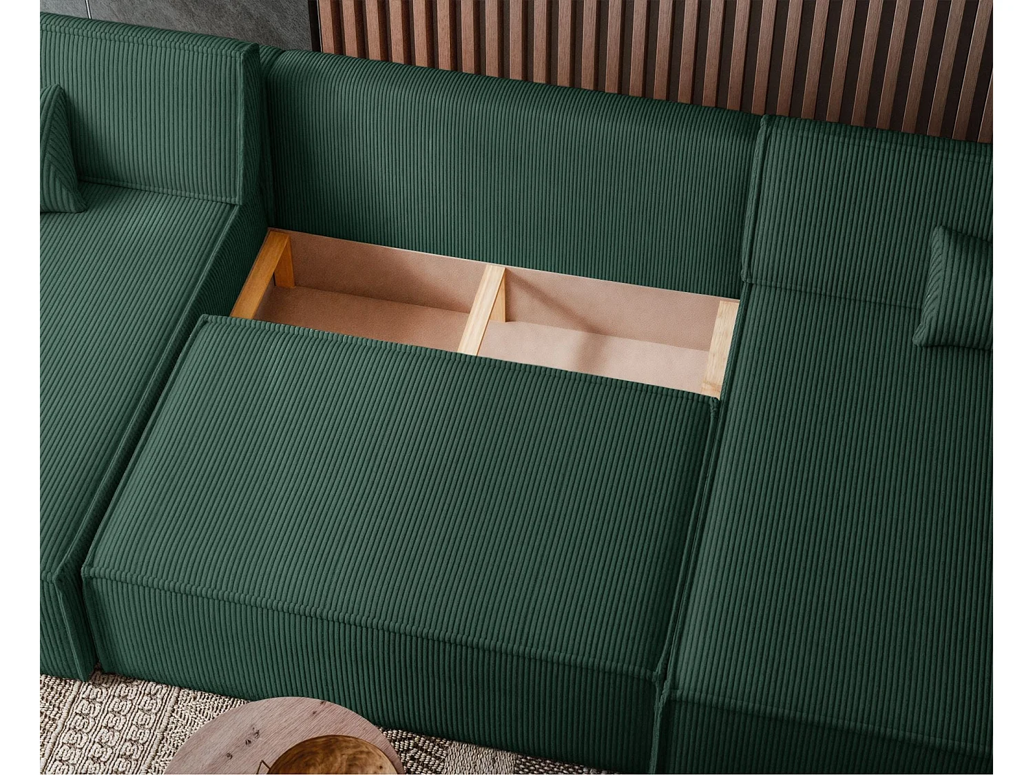 Canapé d'angle U convertible - en velours côtelé vert foncé - SCARLO