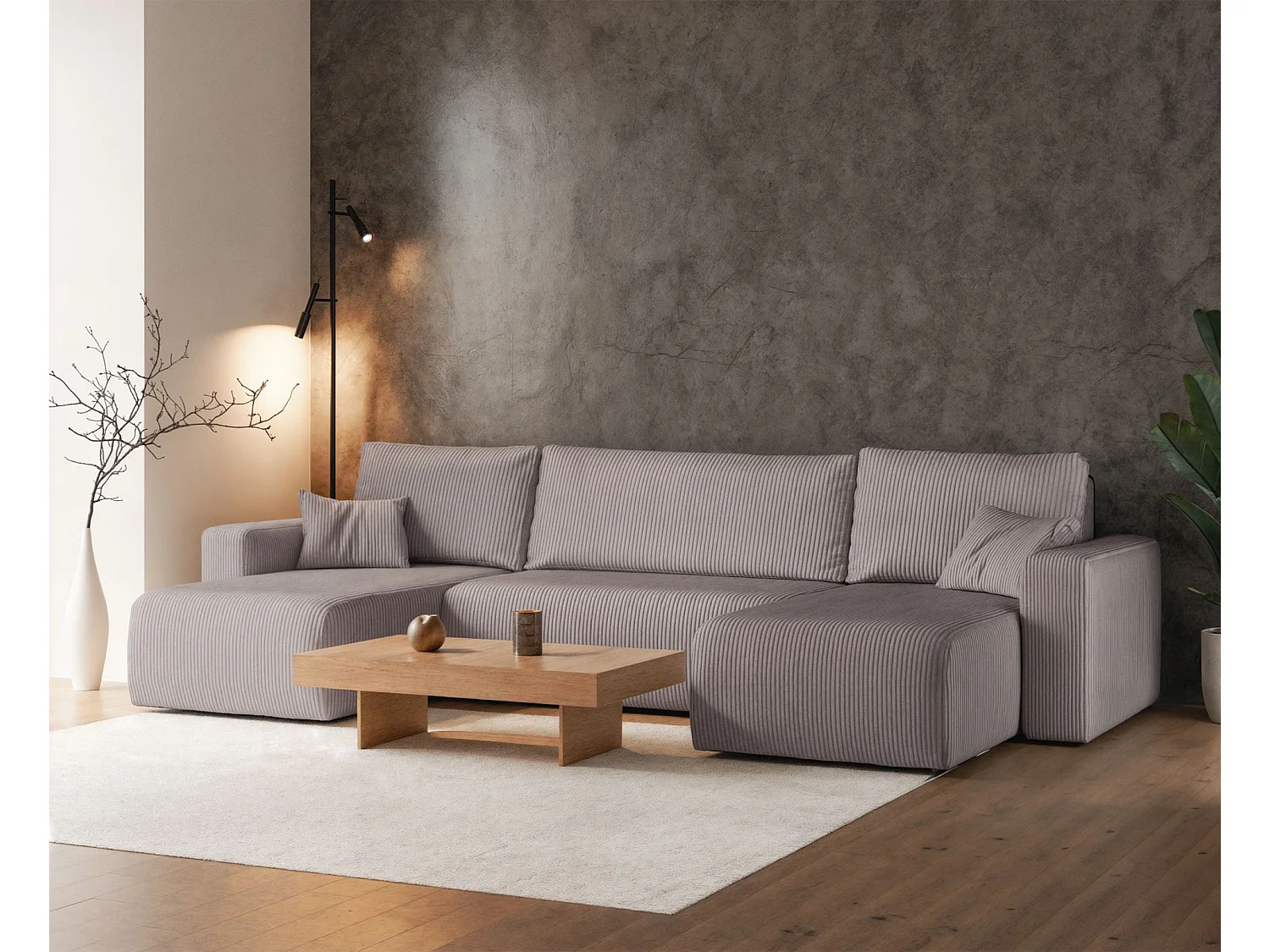 Canapé d'angle U convertible - en velours côtelé beige- PIANONI