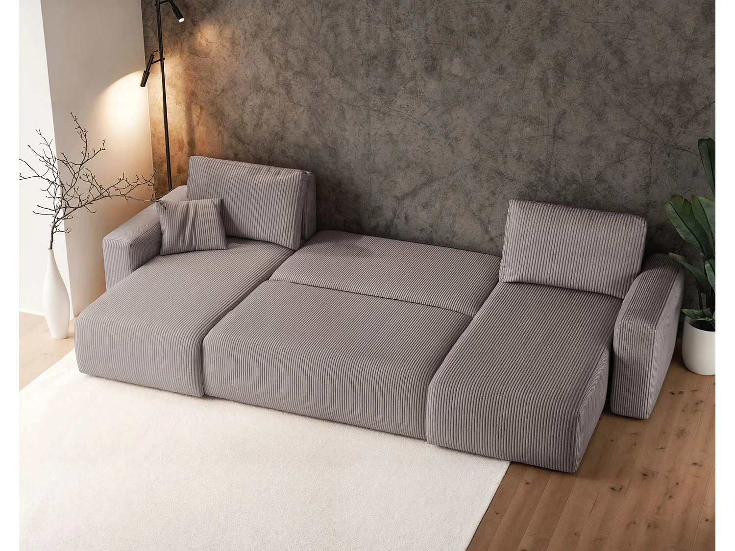 Canapé d'angle U convertible - en velours côtelé beige- PIANONI