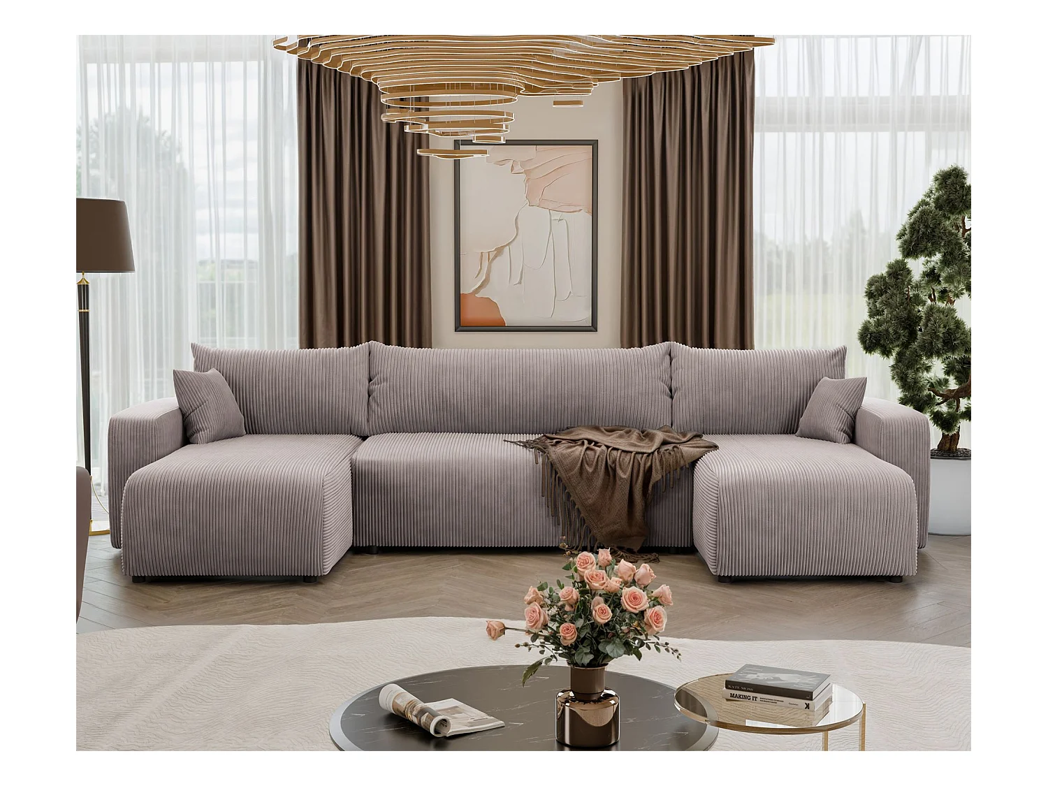 Canapé d'angle U convertible - en velours côtelé beige- PIANONO