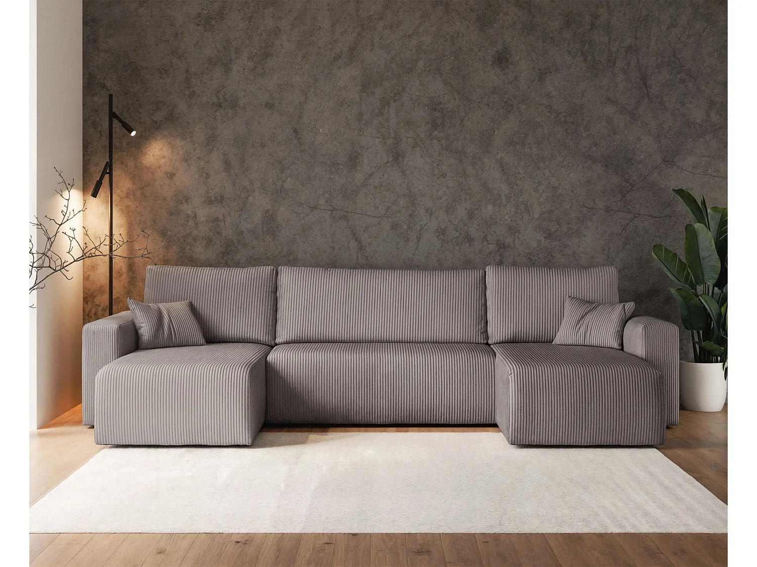 Wohnlandschaft mit Schlaffunktion - Stauraum - Cordbezug - beige - Pianoni