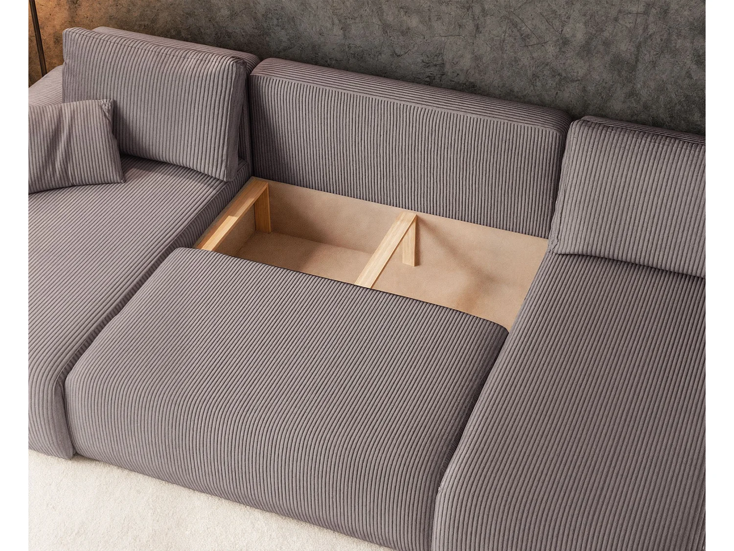 Wohnlandschaft mit Schlaffunktion - Stauraum - Cordbezug - beige - Pianoni