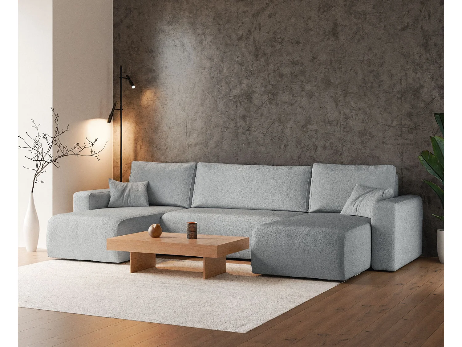 Canapé d'angle U convertible - en boucle gris clair - PIANONI