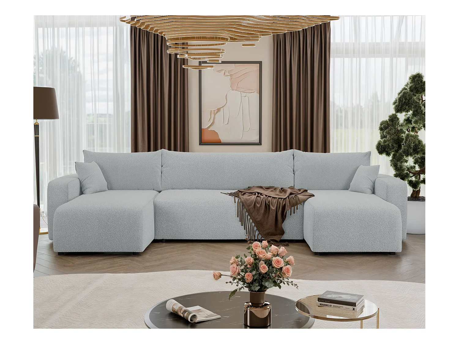 Canapé d'angle U convertible - en boucle gris clair - PIANONI