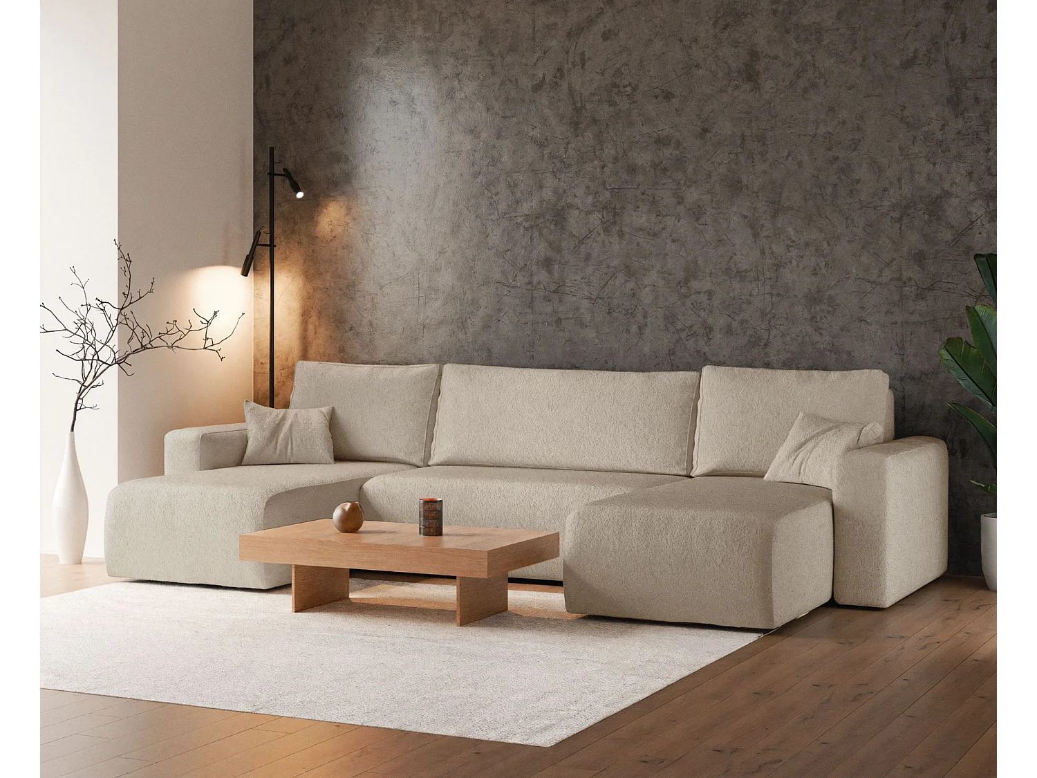 Canapé d'angle U convertible - en boucle beige clair - PIANONI